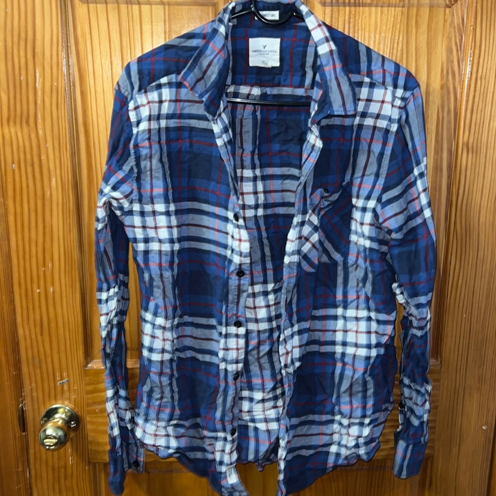 American Eagle Flannel Button Down Shirt Blue, White and Red Size L